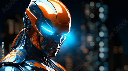 Fantastic Cyborg with Blue Orange Moody 80s Lighting 3D Illustra