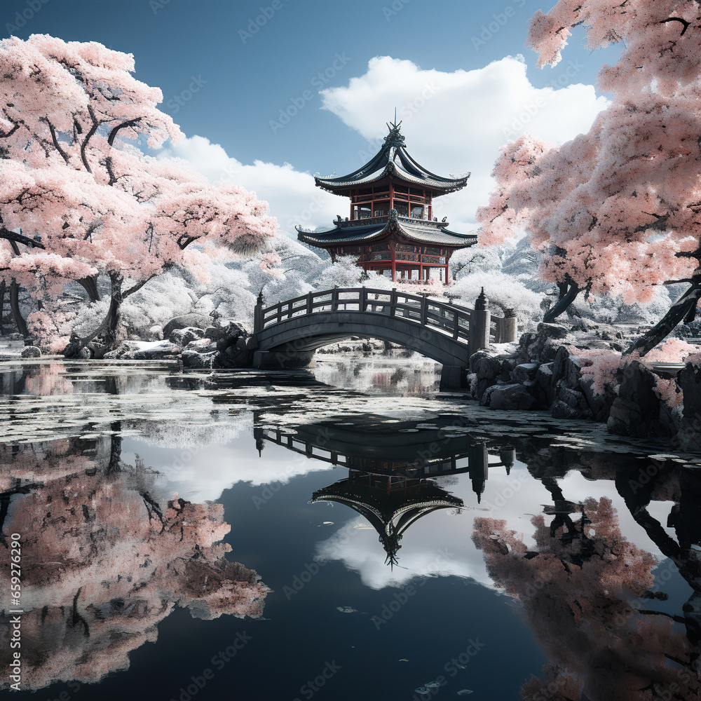 Springtime at a Japanese Temple with Cherry Blossoms,japanese temple in the morning,japanese garden with blossoms