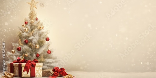 Background for Christmas and New Year with a small Christmas tree and a gift