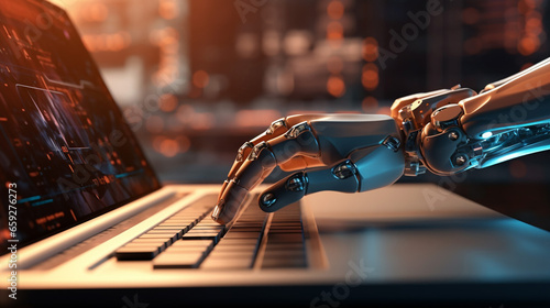 Amazing Robotic Hand Pressing a Keyboard on a Laptop 3D Render