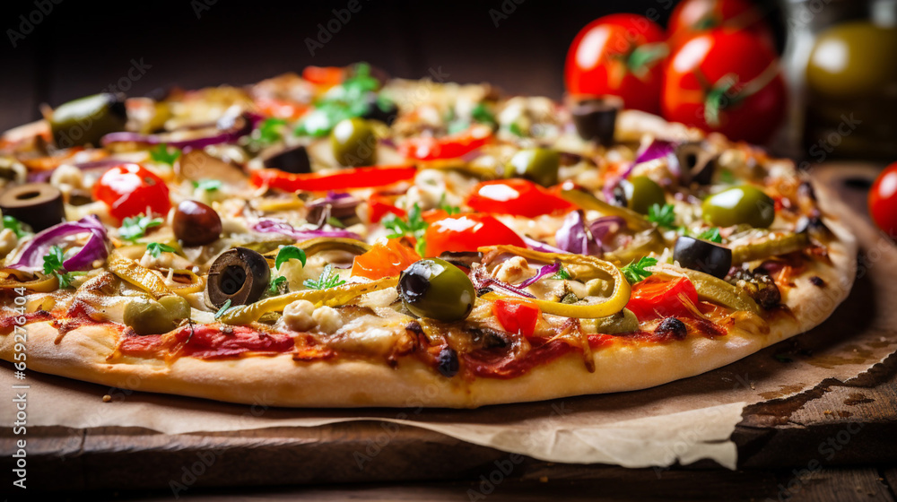 Closeup of homemade vegetarian pizza on wooden background Closeup of homemade vegetarian pizza on wooden background