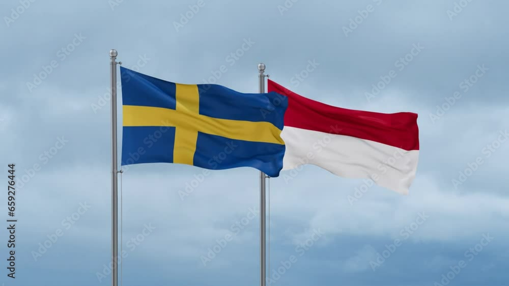 Indonesia flag and Sweden flag waving together on cloudy sky, endless seamless loop, two country relations concept Indonesia flag and Sweden flag waving together on cloudy sky, endless seamless loop, two country relations concept