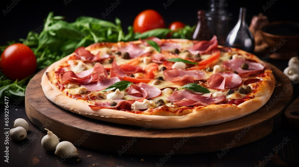 Amazing Delicious homemade pizza with ham and vegetables