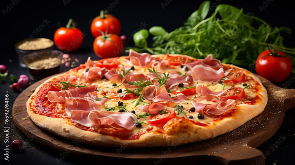 Hot Delicious homemade pizza with ham and vegetables