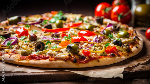 Closeup of homemade vegetarian pizza on wooden background