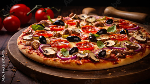 Beautiful Closeup of homemade vegetarian pizza on wooden backgro