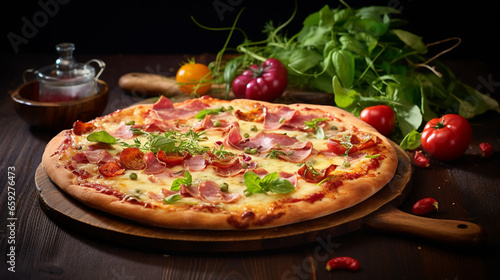 Beautiful Delicious homemade pizza with ham and vegetables