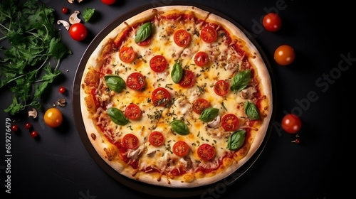 Delicious Italian pizza four cheeses with basil tomato