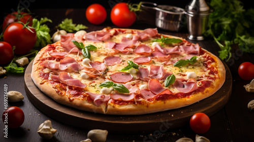 Delicious homemade Fresh pizza with ham and vegetables