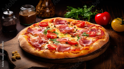 Delicious homemade pizza with ham and vegetables