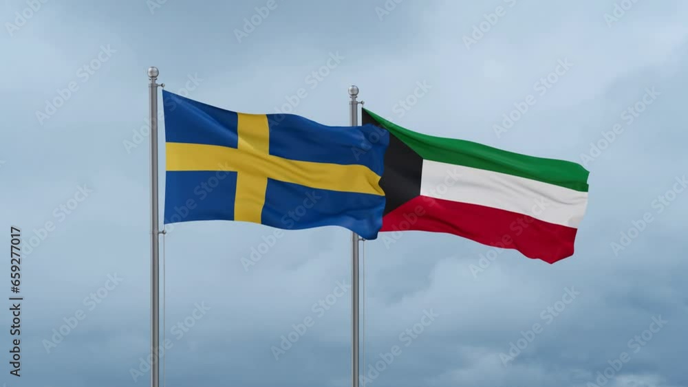 Kuwait and Sweden flag waving together on cloudy sky, endless seamless loop, two country cooperation concept Kuwait and Sweden flag waving together on cloudy sky, endless seamless loop, two country cooperation concept