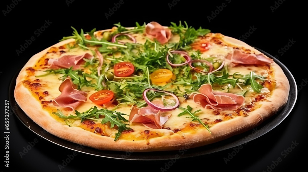 Amazing Pizza with Ham Rucola and Vegetables on White Background Amazing Pizza with Ham Rucola and Vegetables on White Background