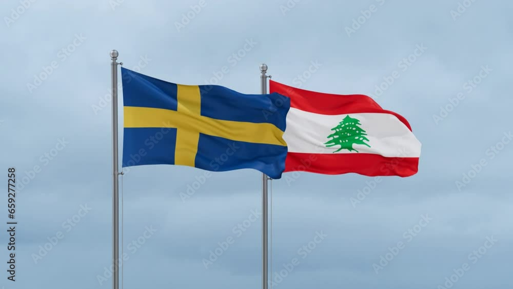 Lebanon flag and Sweden flag waving together on cloudy sky, endless seamless loop, two country relations concept Lebanon flag and Sweden flag waving together on cloudy sky, endless seamless loop, two country relations concept