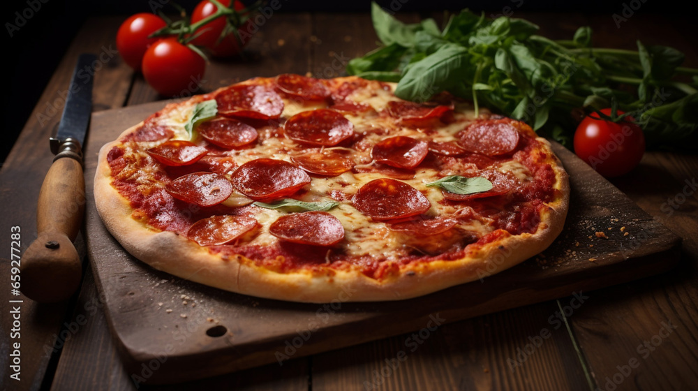 Amazing Pizza with Pepperoni and Salami on a Rustic Wooden