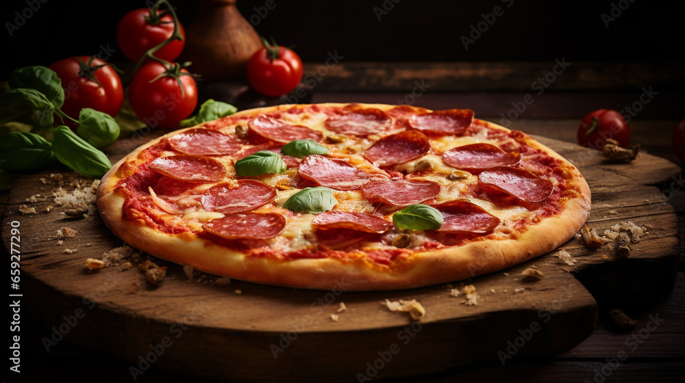 Fresh Pizza with Pepperoni and Salami on a Rustic Wooden Fresh Pizza with Pepperoni and Salami on a Rustic Wooden