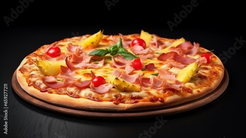 Fantastic Pizza Hawaii with Ham and Pineapple Isolate on Black