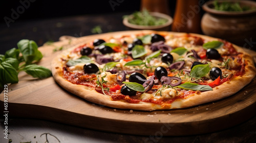 Amazing Pizza on a Thin Dough with Olives and Fresh Basil