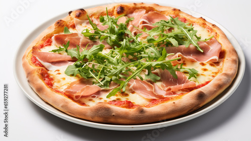 Pizza with Ham Rucola and Vegetables on White Background