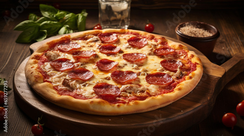 Wallpaper Mural Elegant Pizza with Pepperoni and Salami on a Rustic Wooden Torontodigital.ca