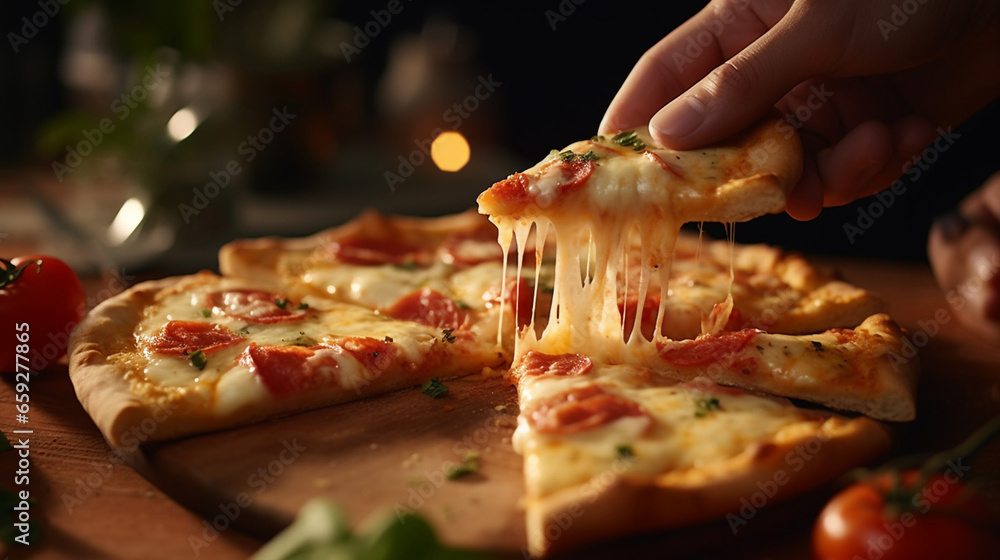 Fantastic Woman Taking Slice of Hot Cheese Pizza Margherita - obrazy, fototapety, plakaty 