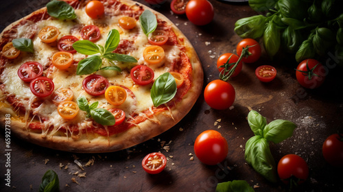 Vegetarian Italian Pizza with Melted Cheese Red Tomato