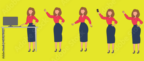 Mulher secretária em algumas poses com celular na mão com pose confiante, e varias outras poses