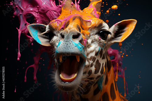 An abstract surreal photograph of a Giraffe splashed in bright paint, contemporary colors and mood social background.