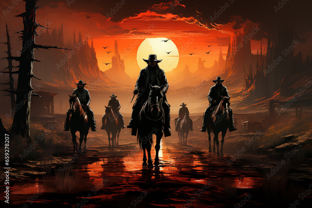 The image captures a group of rugged cowboys riding their horses across a vast, sun-drenched plain, their Stetson hats shading their eyes against the glare of the sun. 