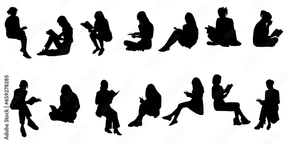 set of silhouettes of vevtor woman reading illustration - obrazy, fototapety, plakaty 
