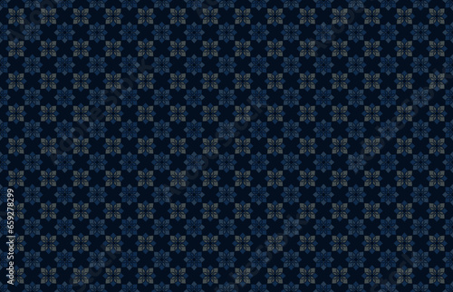 Abstract geometric octagon flower art seamless pattern . Blue and gray  element on dark blue background. For masculine male shirt lady dress wear fabric apparel textile garment decoration.