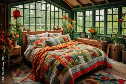 Maximalist style bedroom decorated in bright colors, with flowers and patchwork cover