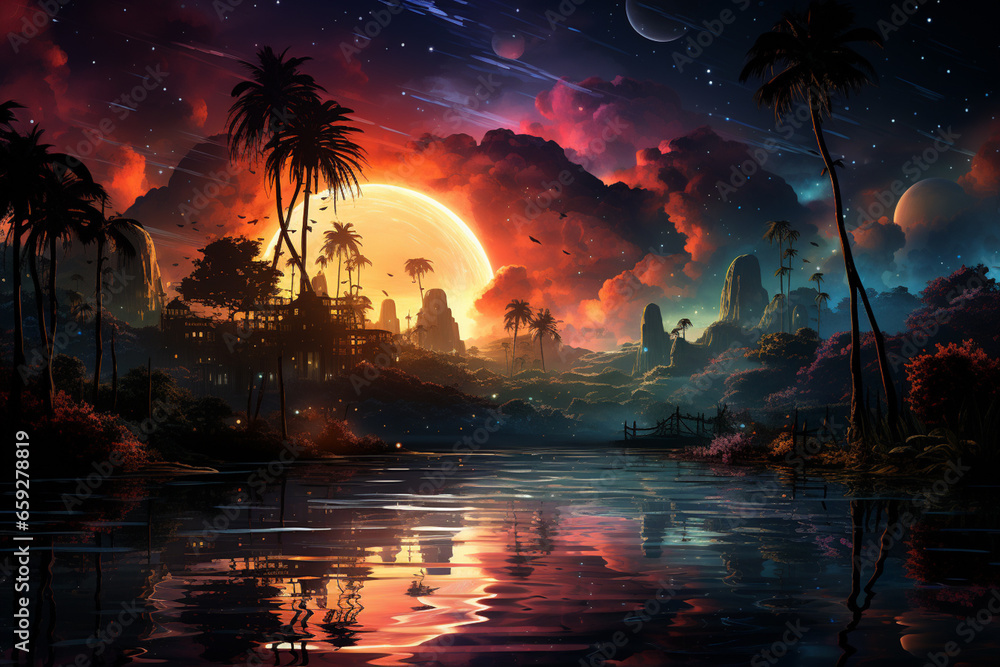 a night sky with palm trees and stars, in the style of neon hallucinations, dark violet and light aquamarine, a night sky with palm trees and stars, in the style of neon hallucinations, dark violet and light aquamarine,