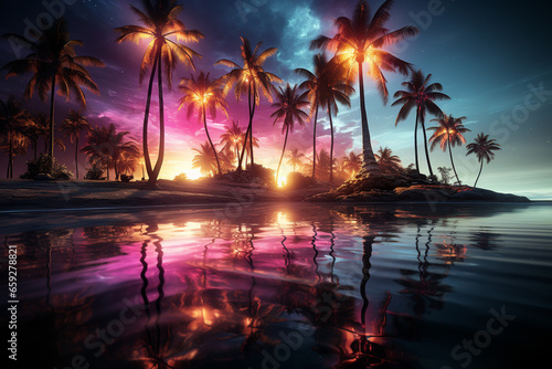 a night sky with palm trees and stars, in the style of neon hallucinations, dark violet and light aquamarine,