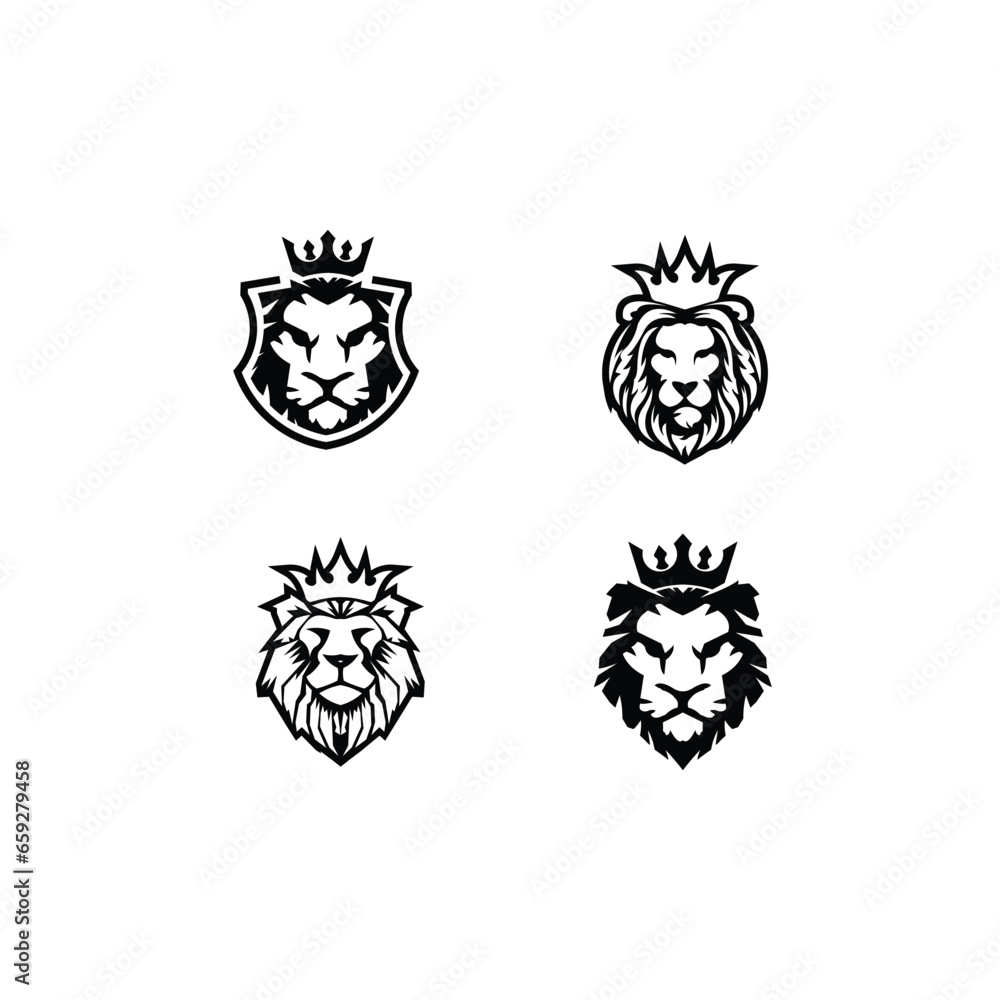 Fototapeta premium icon, logo, lion, symbol, sign, emblem, illustration, design, vector, king, animal, silhouette, graphic, isolated, royal, head, set, badge, vintage, template, strength, wild, mascot, face, label, shie