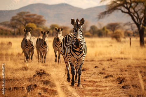 Group of zebras walks through Africa