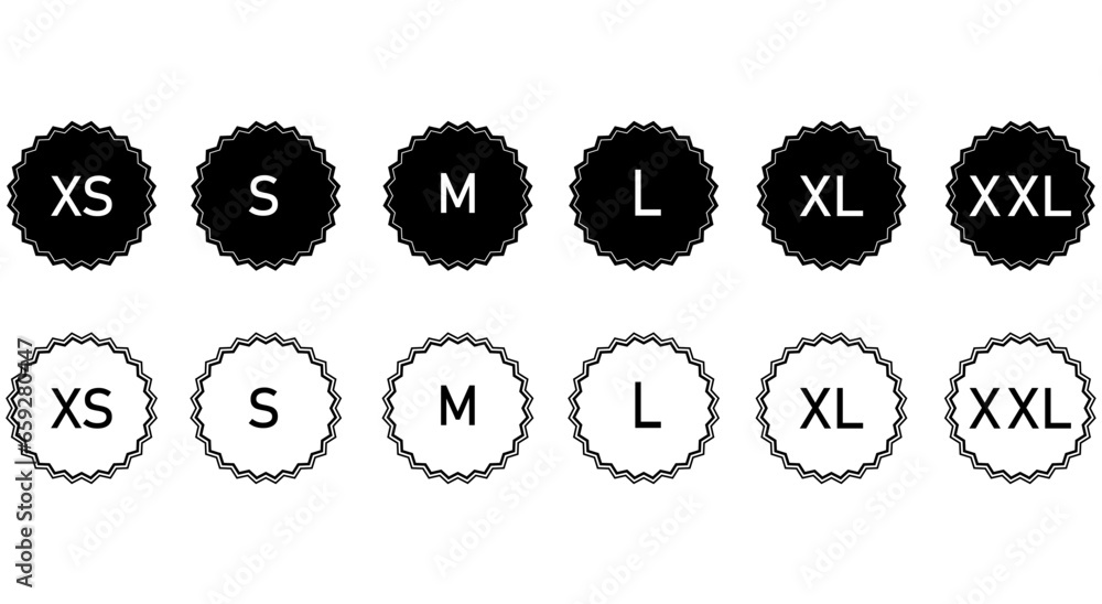 Set of vector clothing size icons on white background. Labels for clothes s, xs, m, l, xl, xxl. Set of vector clothing size icons on white background. Labels for clothes s, xs, m, l, xl, xxl.