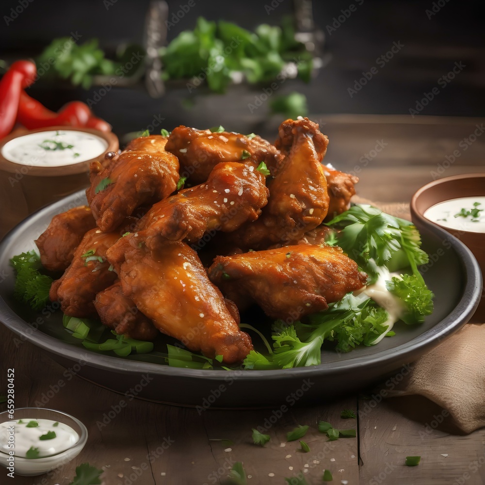 A plate of spicy chicken wings with ranch dressing1