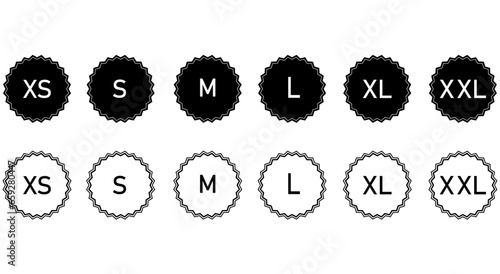 Set of vector clothing size icons on white background. Labels for clothes s, xs, m, l, xl, xxl.
