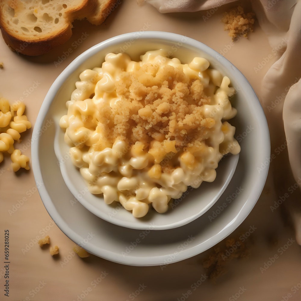 A bowl of creamy macaroni and cheese with a breadcrumb topping1