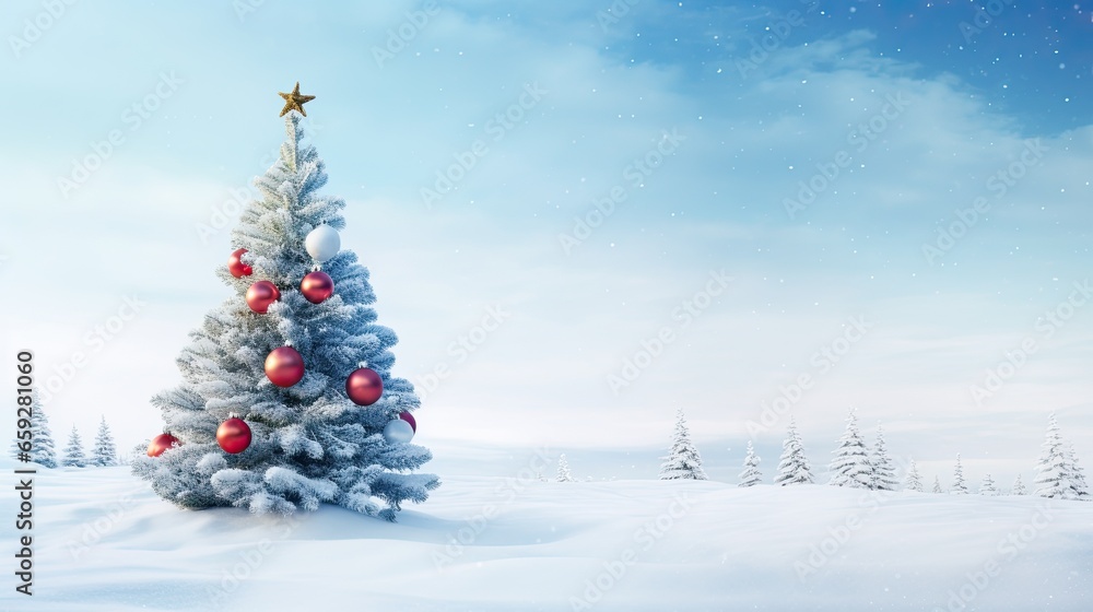 Christmas tree with decoration on the winter background AI Generative