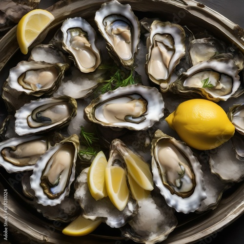 A tray of freshly shucked oysters with lemon wedges4