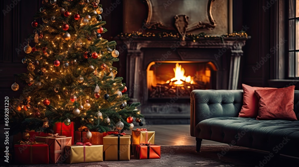 Christmas tree with decorations beside the fireplace in the living room AI Generative Christmas tree with decorations beside the fireplace in the living room AI Generative