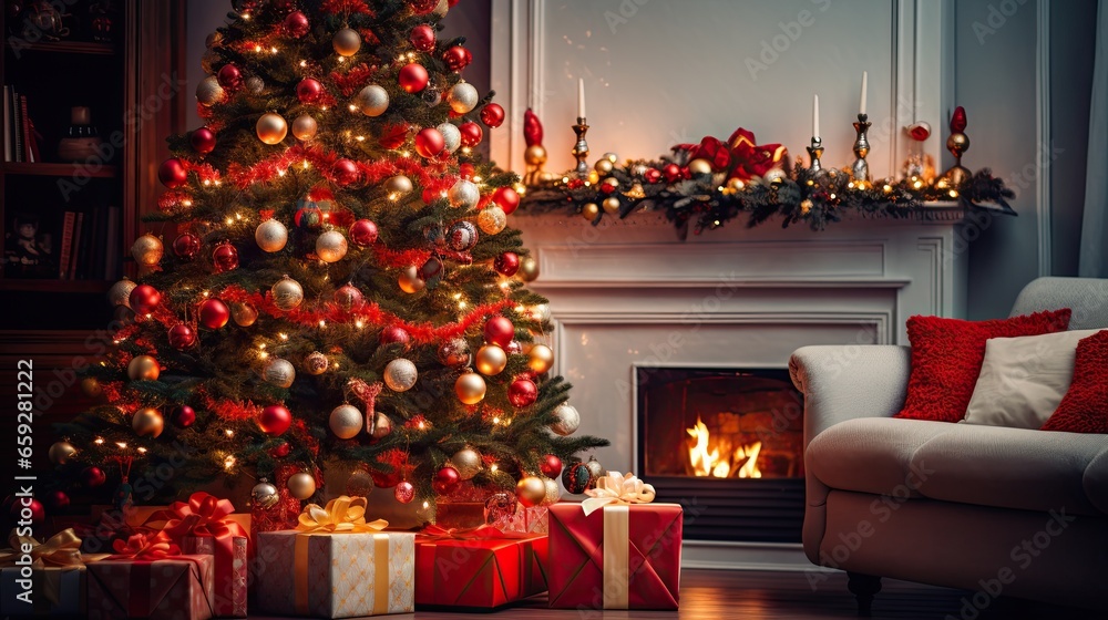 Christmas tree with decorations beside the fireplace in the living room AI Generative
