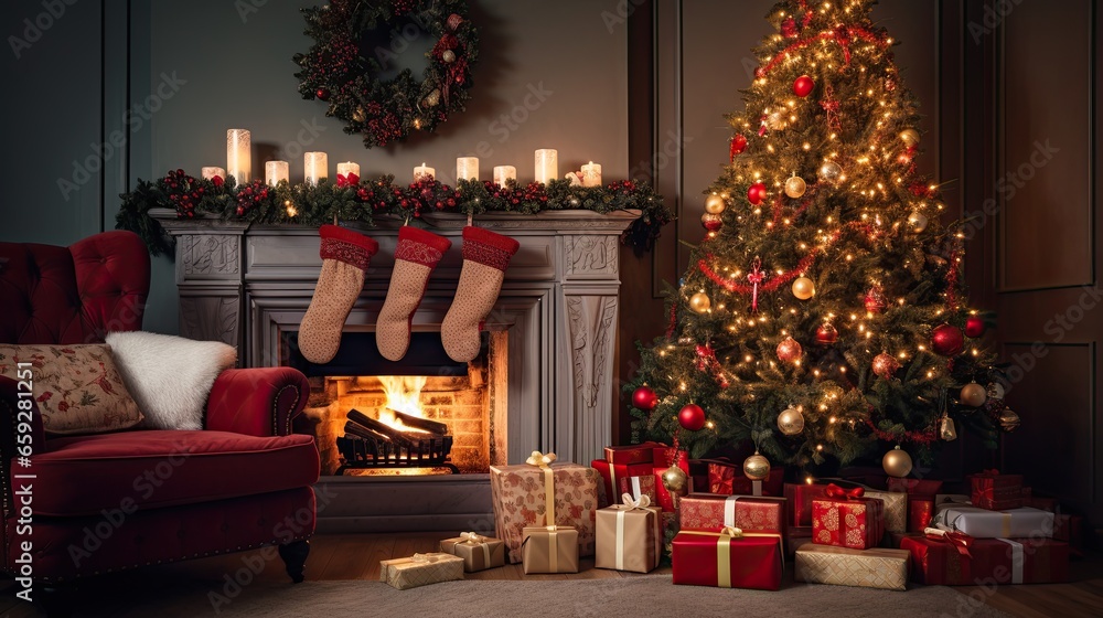 Christmas tree with decorations beside the fireplace in the living room AI Generative