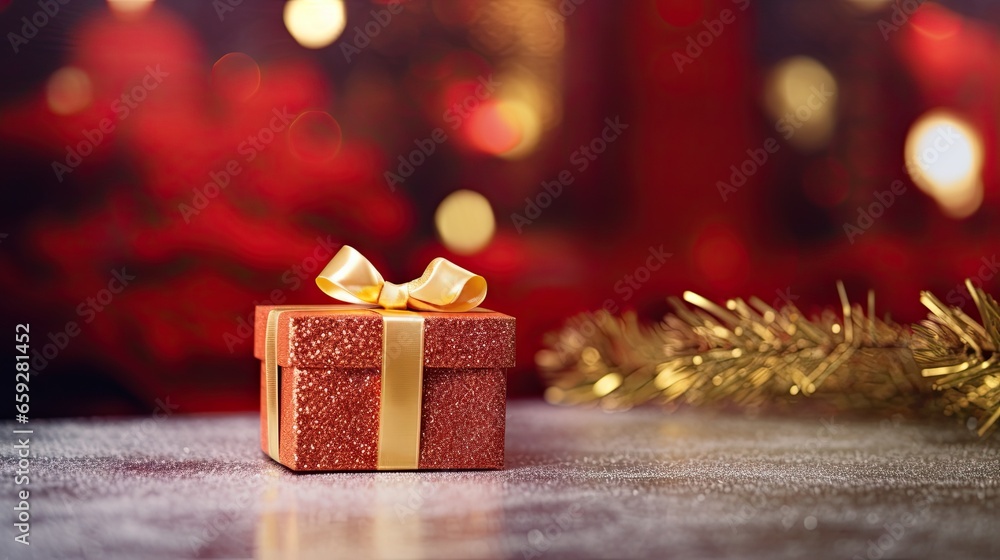 Portrait red gift box with glitter background AI Generative
