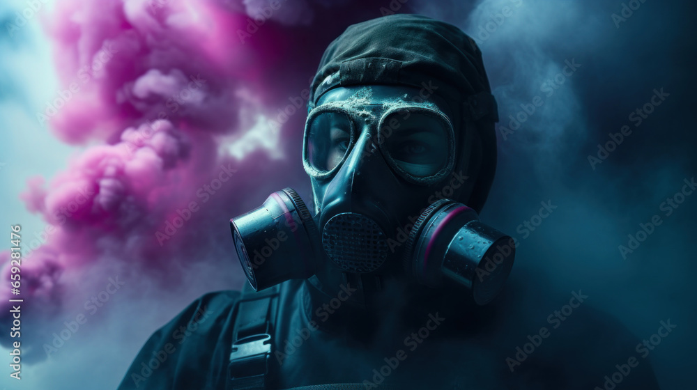 A man in a gas mask against the smoke A man in a gas mask against the smoke