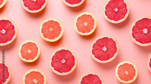 Creative pattern made of sliced grapefruits on pink background. Flat lay, top view