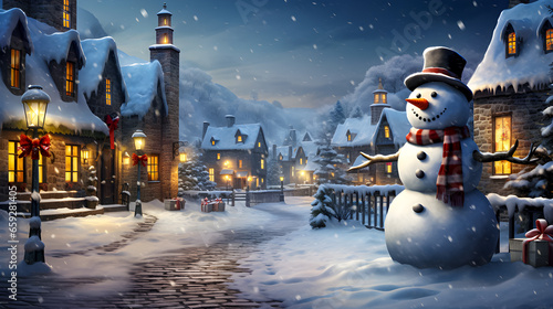 Snowman, Christmas festival, rural village, light snow.