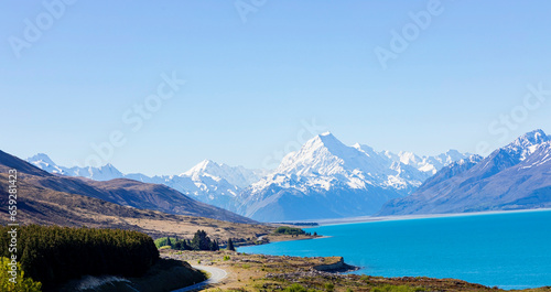 The mountain landscape view of blue sky background over Aoraki mount cook national park New zealand