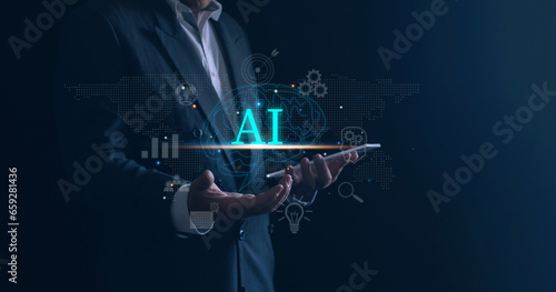 Ai technology concept.Businessman using technology smart robot AI. connect Chatbot intelligent digital technology,conversation assistant. intelligent artificial intelligence asks,Futuristic technology